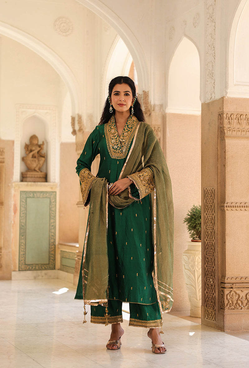 Emerald Green Stand Collar Raag Kurta Set