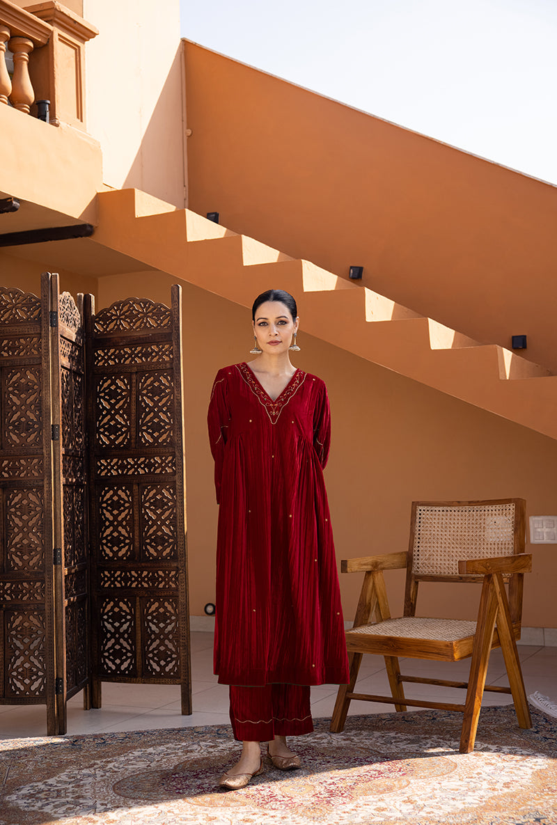 Maroon Side Gathered Hand Embroidered Velvet Ghazal Kurta Set