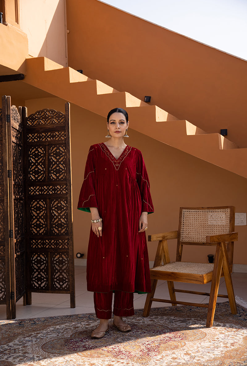 Maroon Side Gathered Hand Embroidered Velvet Ghazal Kurta Set