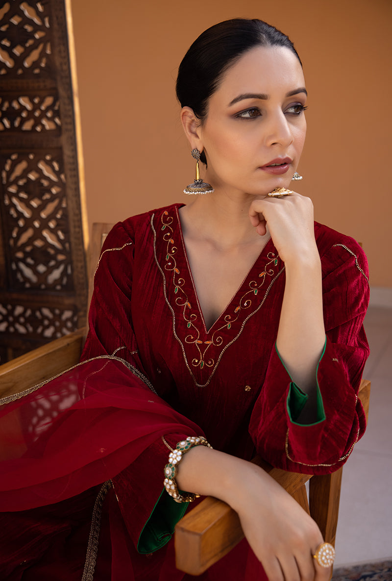 Maroon Side Gathered Hand Embroidered Velvet Ghazal Kurta Set