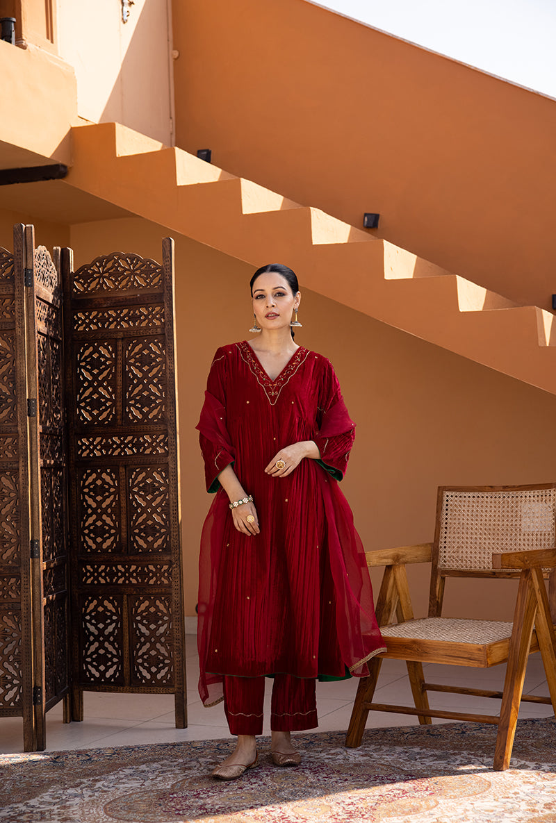 Maroon Side Gathered Hand Embroidered Velvet Ghazal Kurta Set