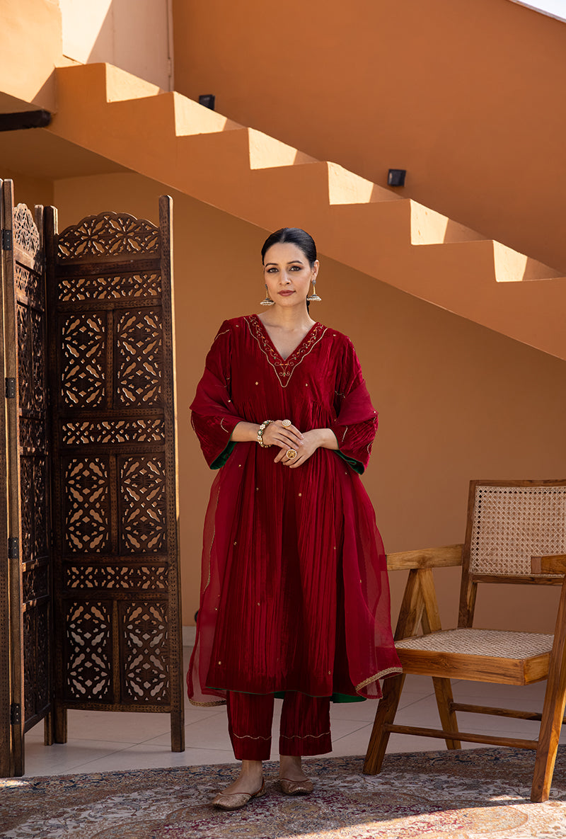 Maroon Side Gathered Hand Embroidered Velvet Ghazal Kurta Set