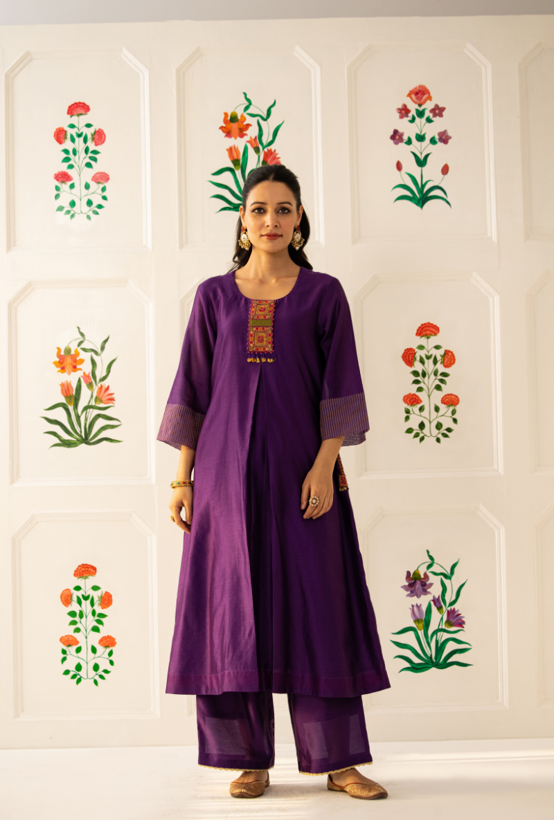 Purple Double Box Pleat Kishmish Kurta Set