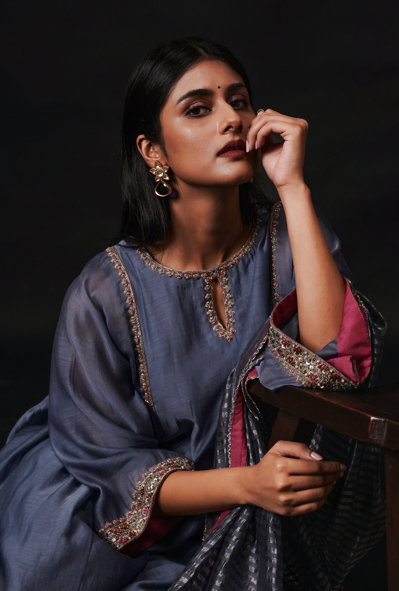 Vintage Blue Gather Chhaya Kurta Set