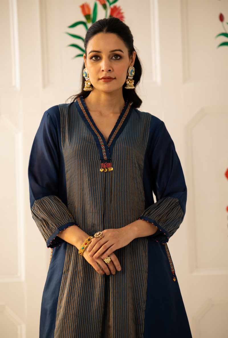 Blue High Collar Kishmish Kurta Set