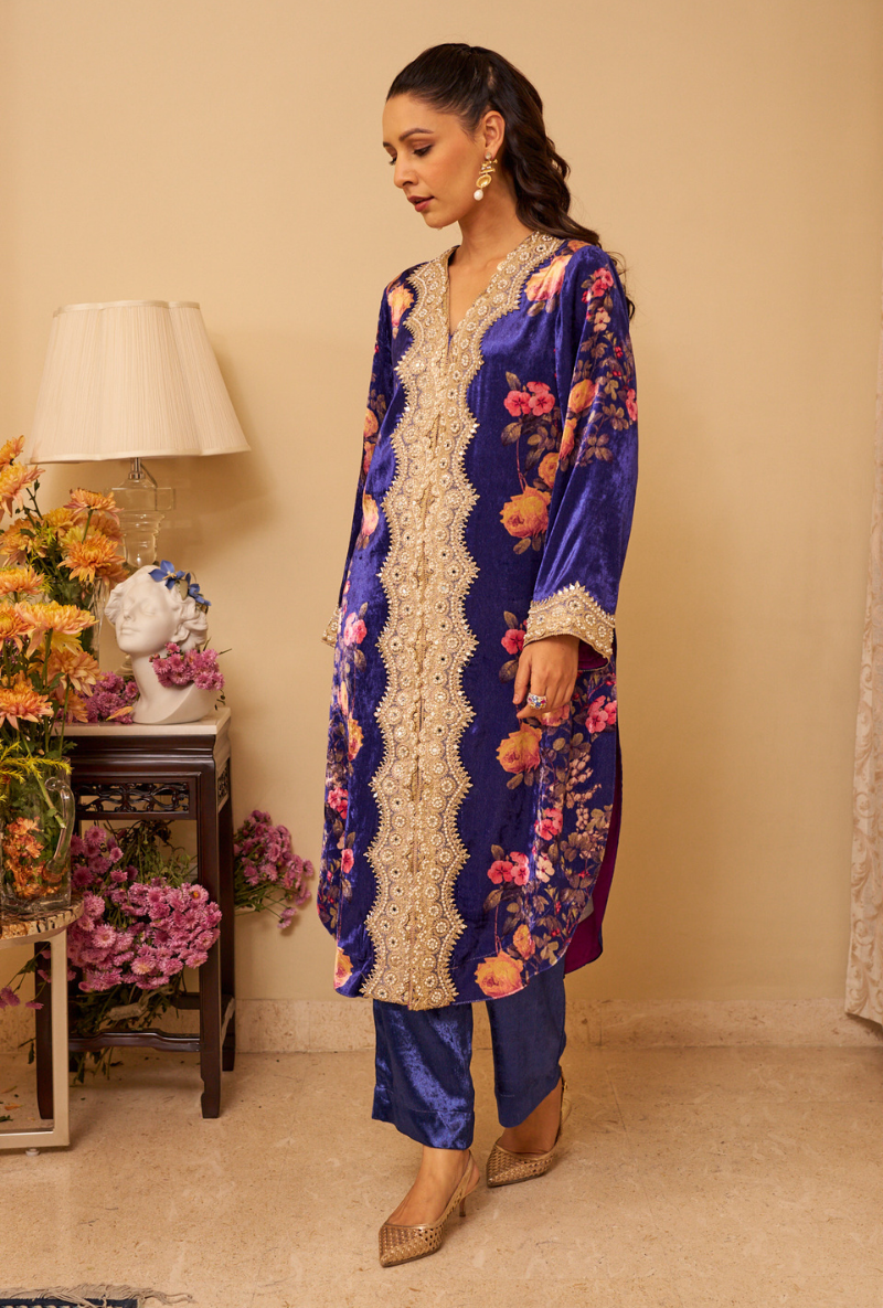 Royal Blue Botanic Bliss Aiza Kurta Set