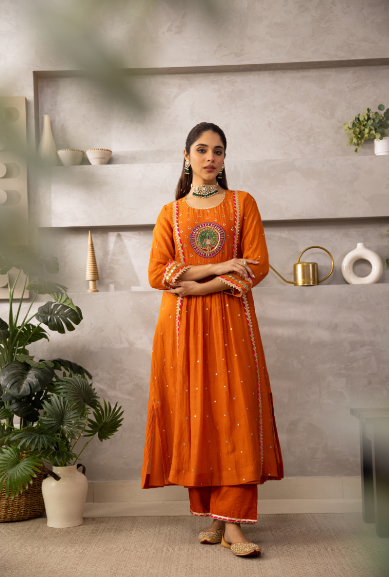 Rust Peacock Motif Laado Kurta Set