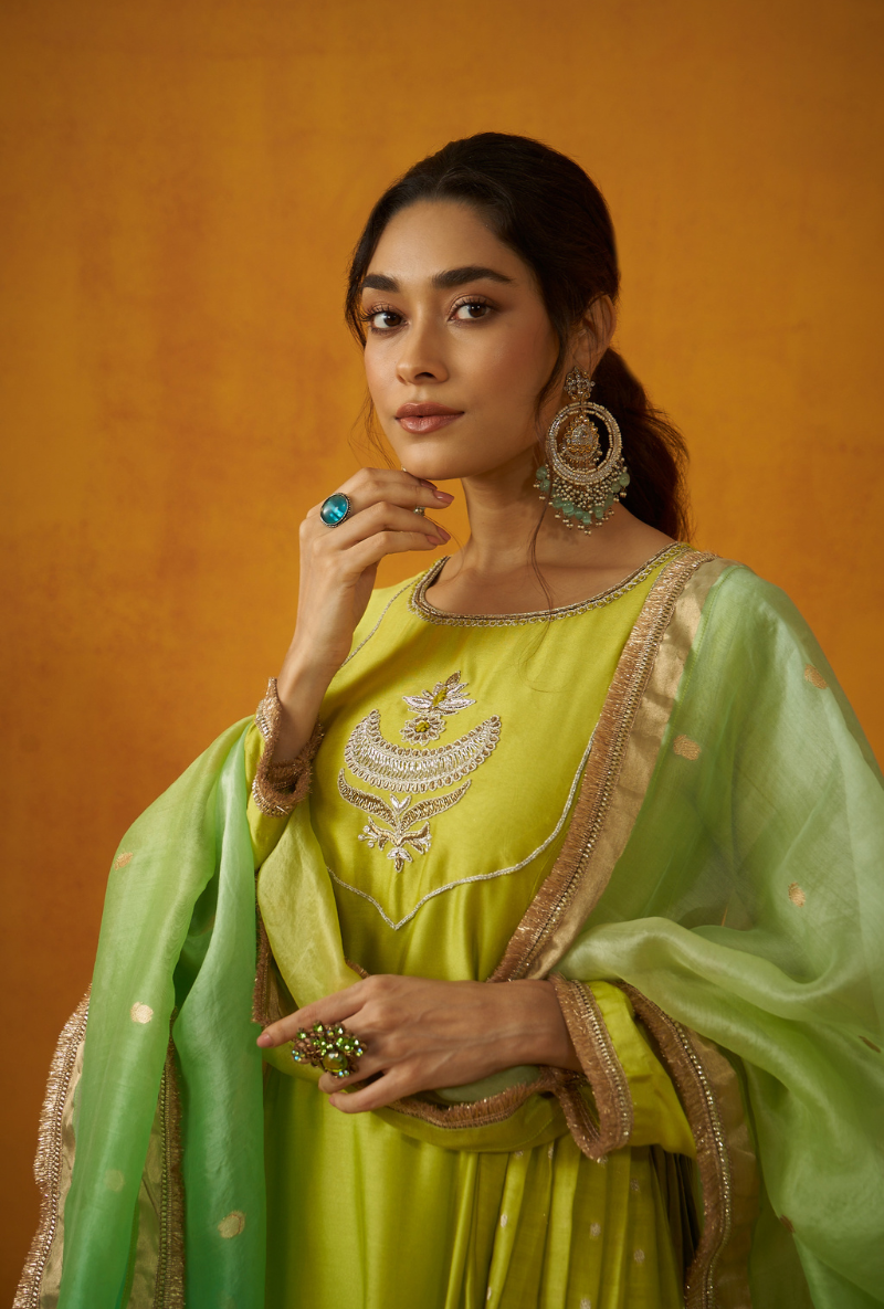 Green Kalidaar Embroidery Benarasi Kainaat Anaraklai Set