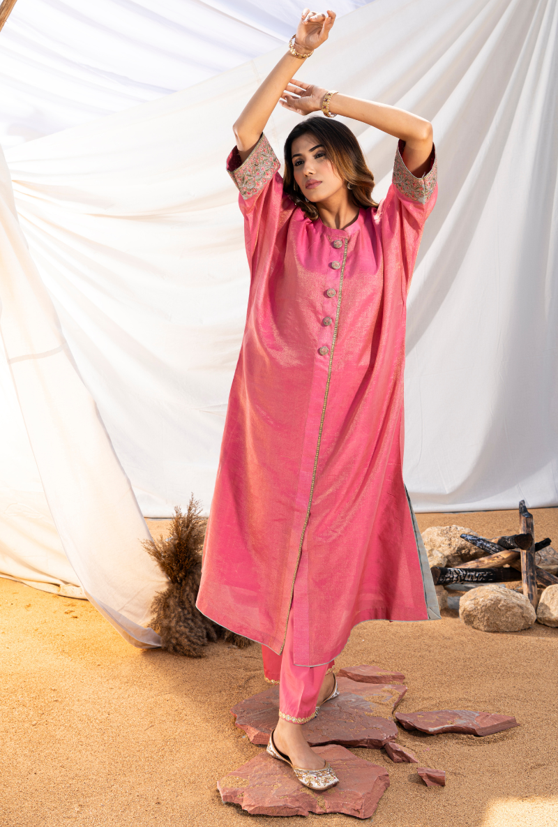 Pink Handloom Cotton Zari Tissue Embroidered Kiara Kurta Set