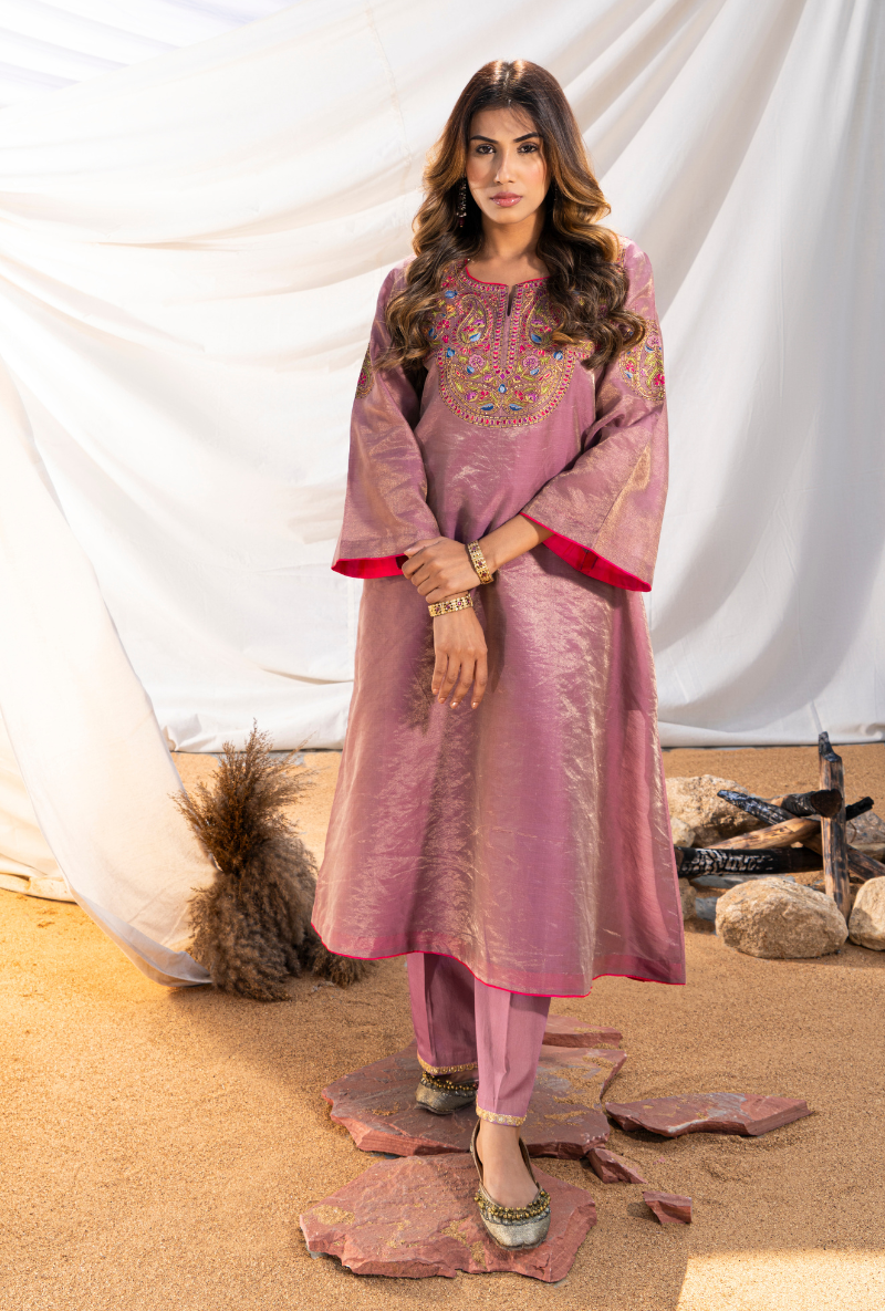 Mauve Handloom Cotton Zari Tissue Embroidered Kiara Kurta Set