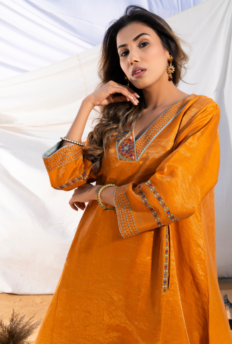 Mustard Handloom Cotton Zari Tissue Embroidered Kiara Kurta Set