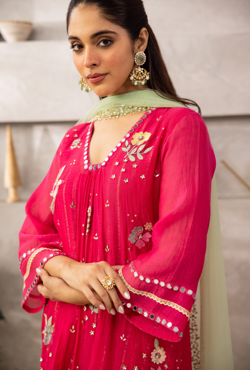 Pink Glass Neckline A-Line Laado Kurta Set