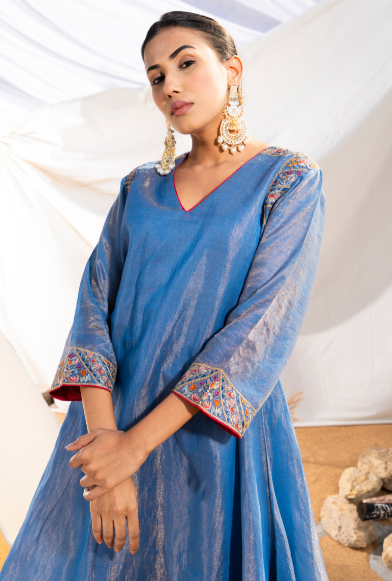 Blue Handloom Cotton Zari Tissue Embroidered Kiara Kurta Set