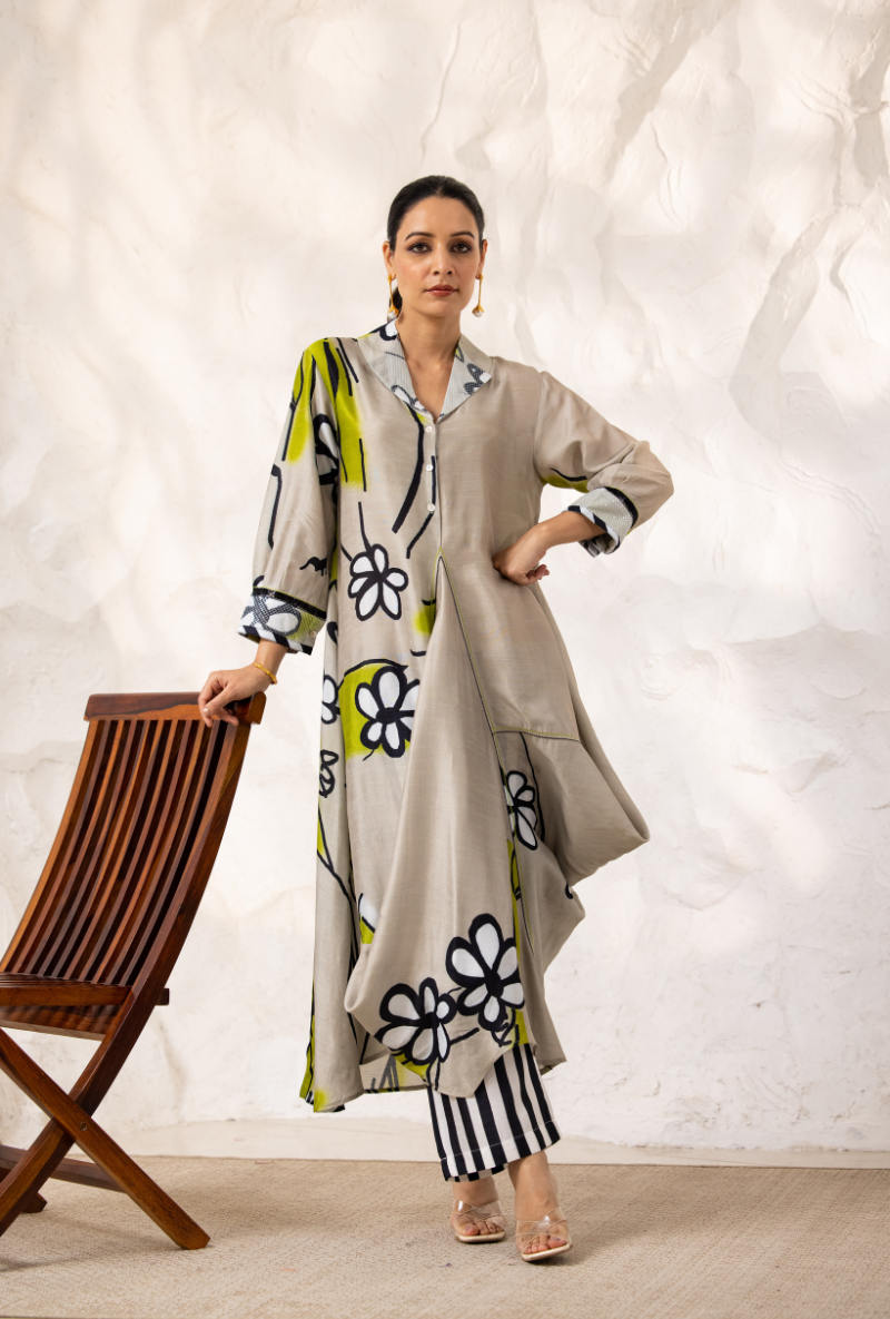 Beige Printed Cowl Ivy Kurta Set