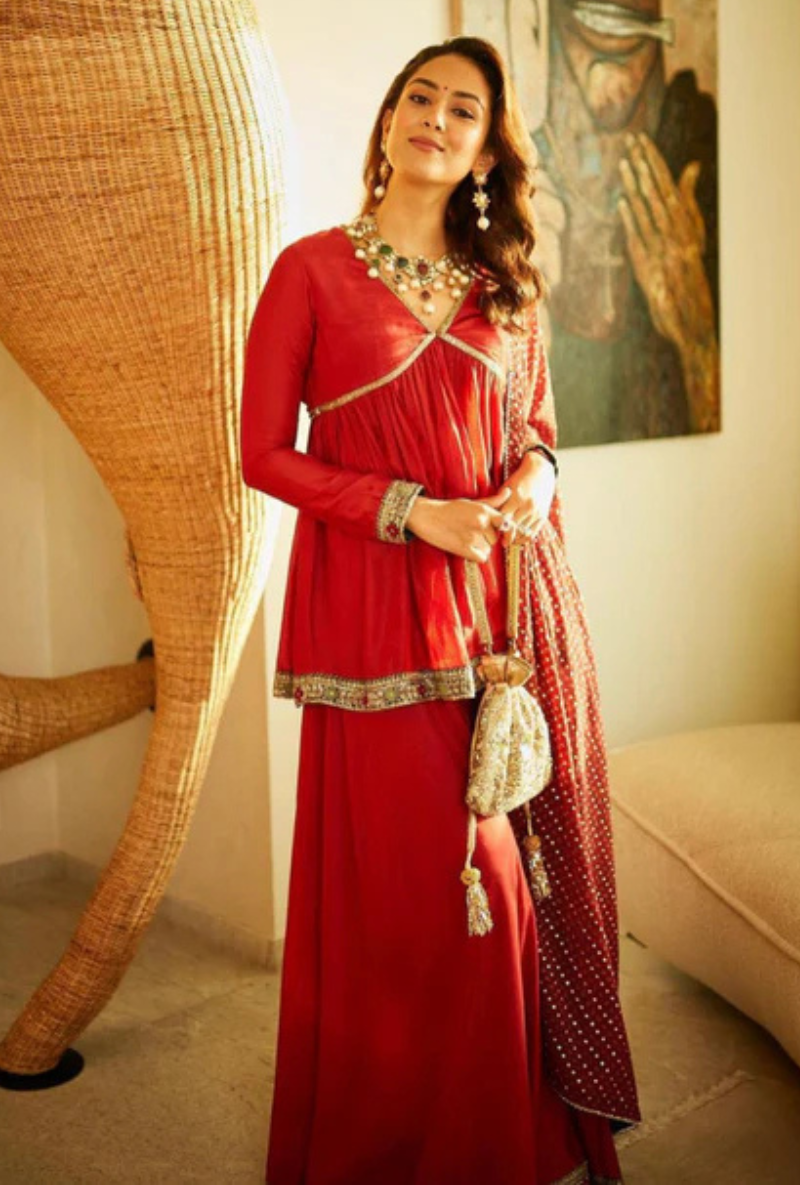 Red Cross Yoke Embroidered Chhaya Sharara Set