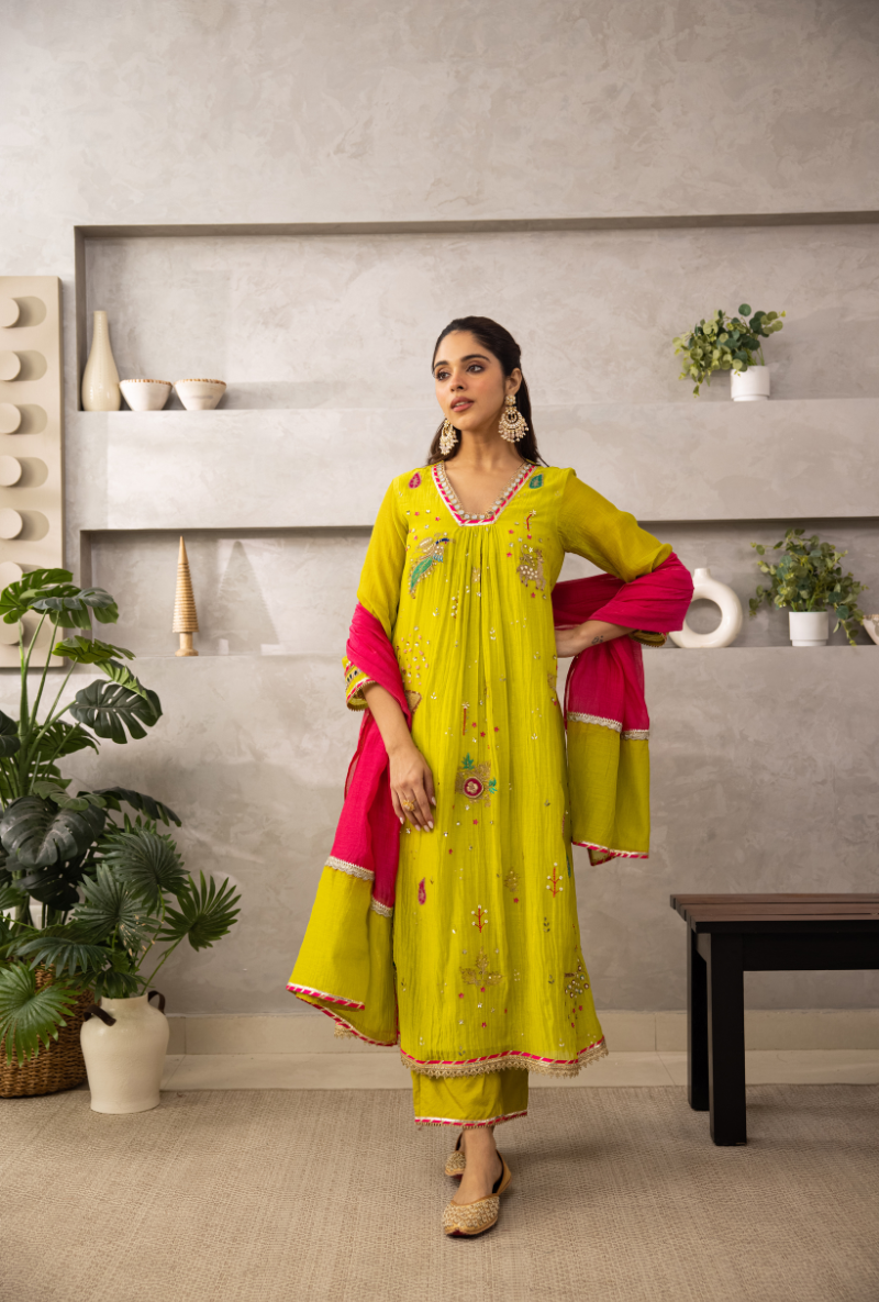 Lime Green Glass Neckline A-Line Laado Kurta Set