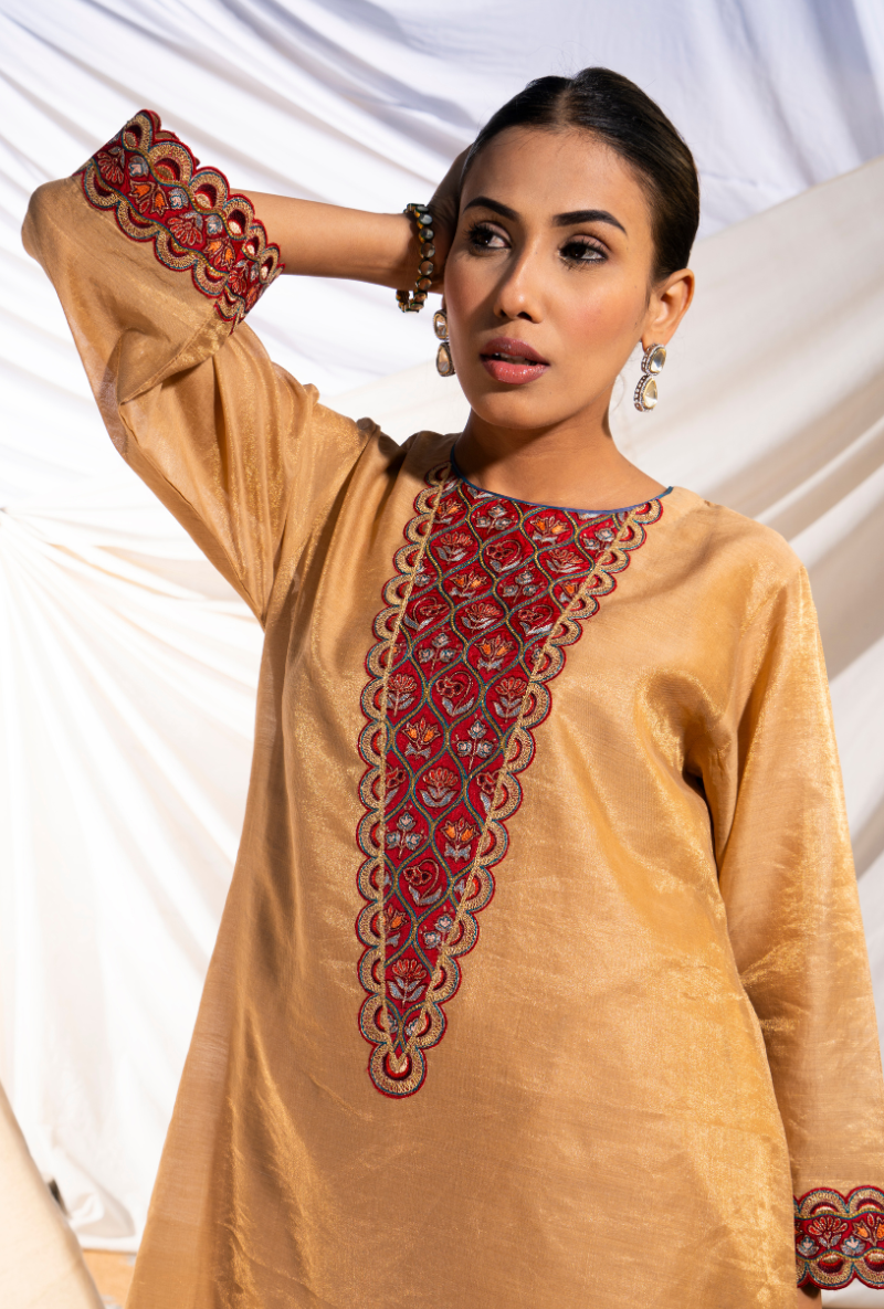 Beige Handloom Cotton Zari Tissue Embroidered Kiara Kurta Set