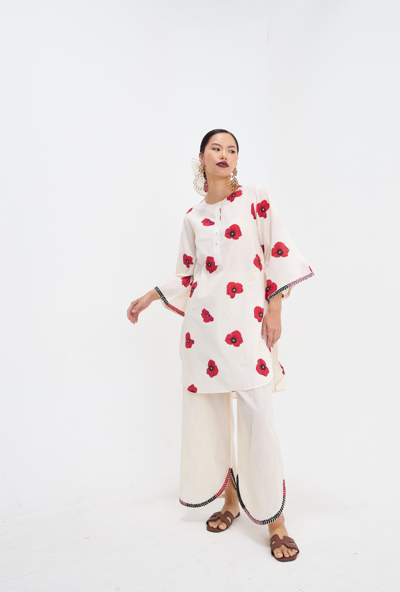 White Poppy Print Love Letters Kurta Set