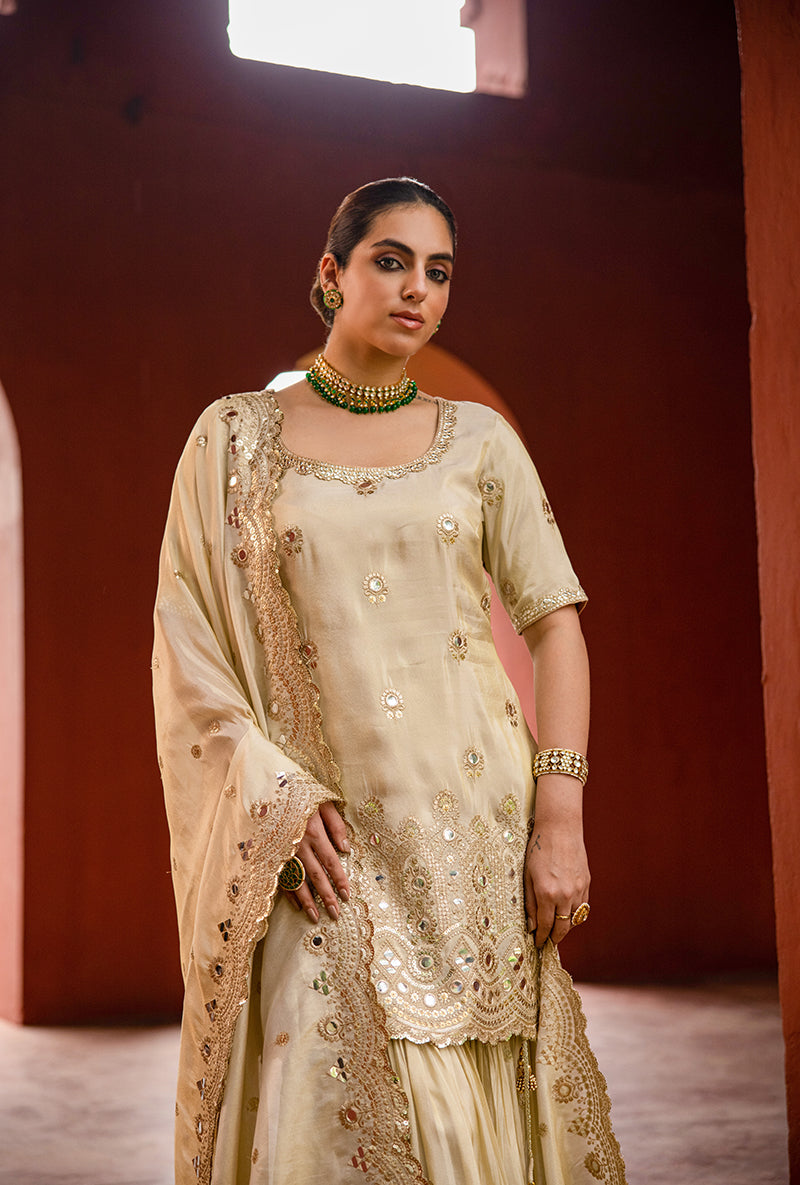 Beige Zari And Mirror Tissue Hoor 3.0 Gharara Set