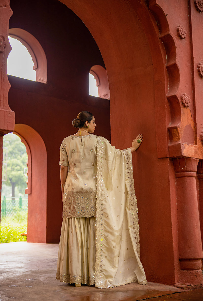 Beige Zari And Mirror Tissue Hoor 3.0 Gharara Set