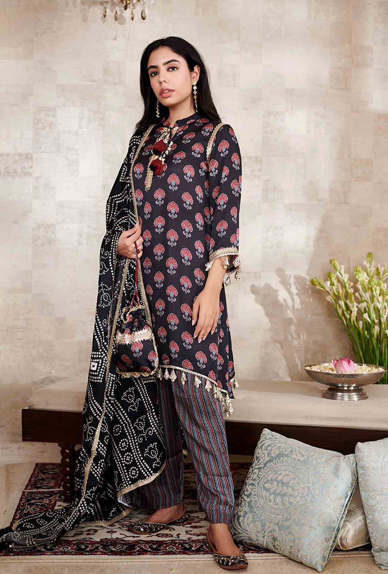 Black Printed Ajrakh Kaya Kurta Set