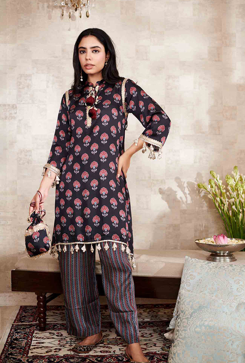 Black Printed Ajrakh Kaya Kurta Set