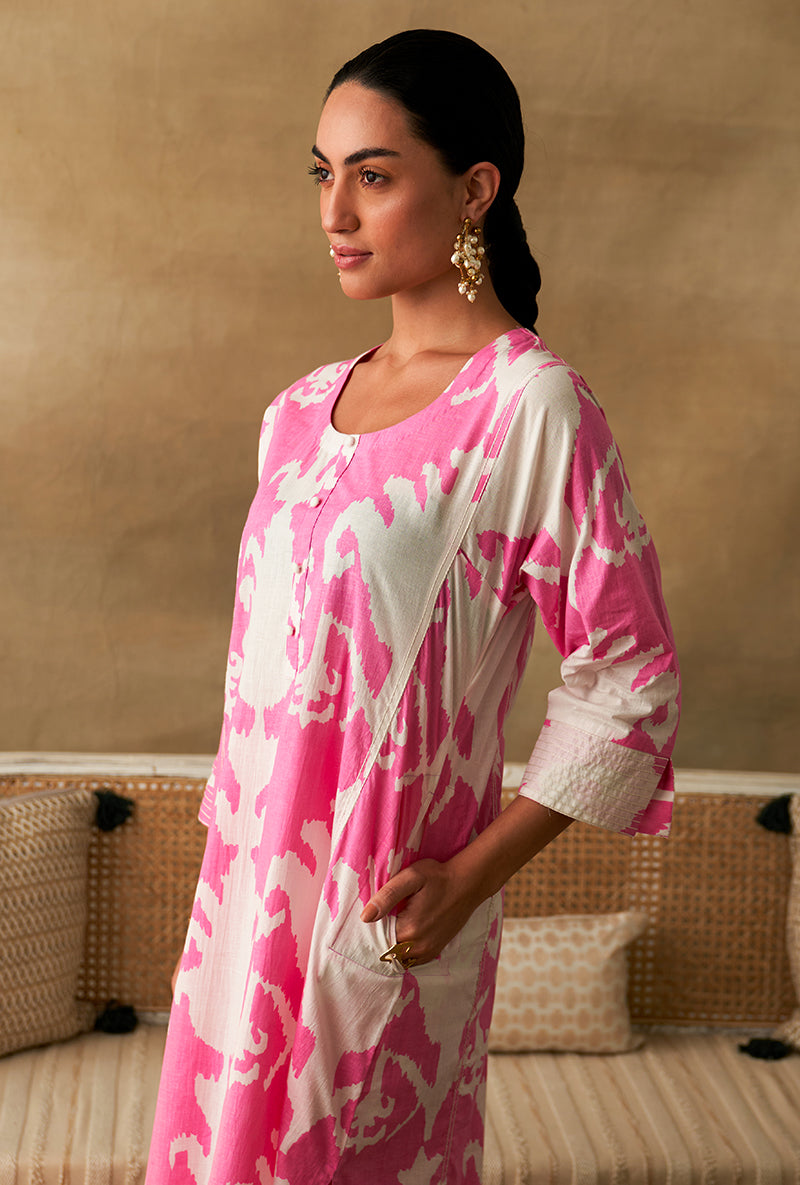 Pink And White Ikat Print Marigold Kurta Set