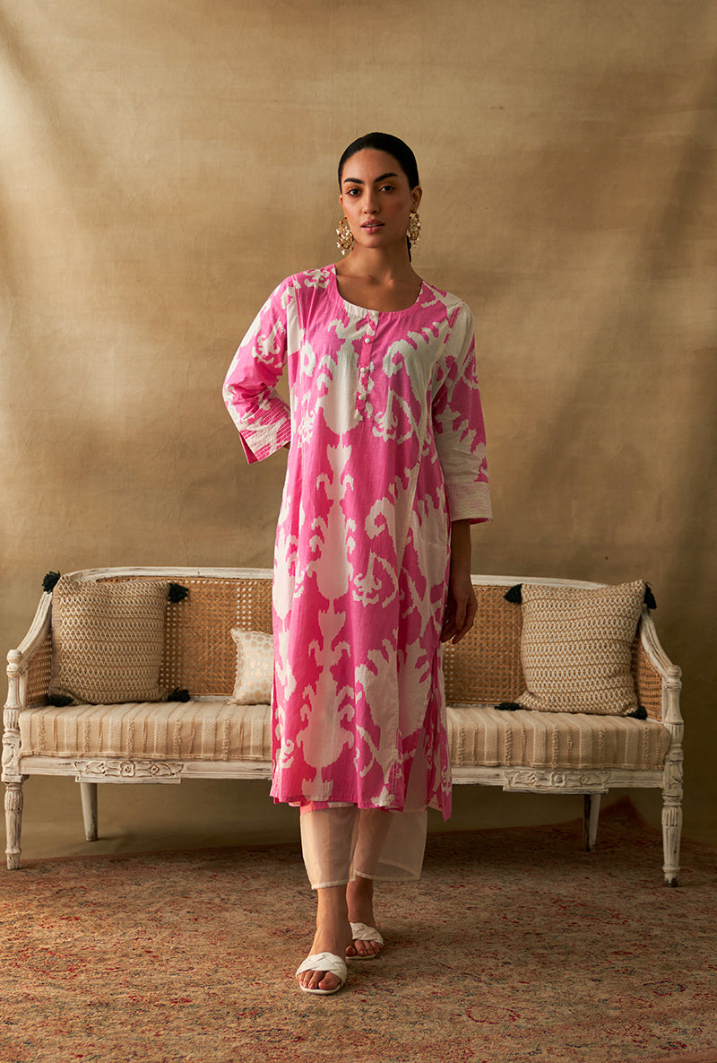 Pink And White Ikat Print Marigold Kurta Set