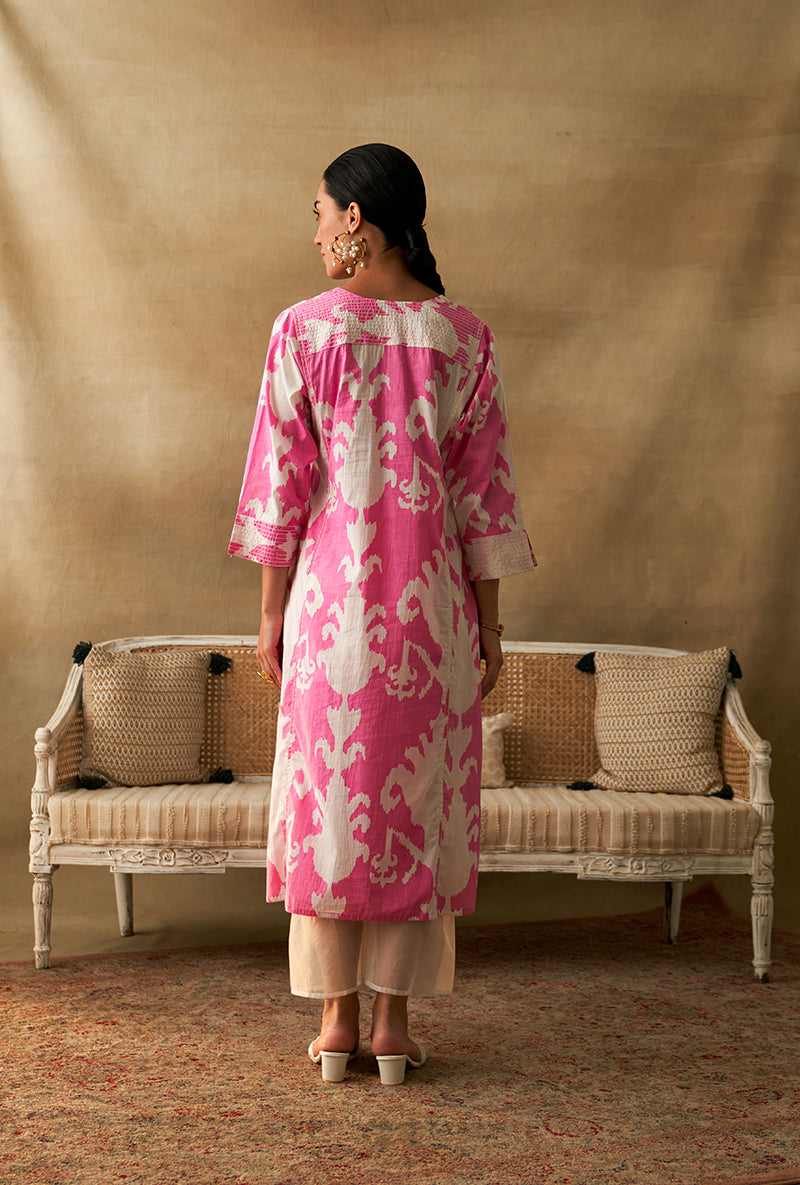 Pink And White Ikat Print Marigold Kurta Set