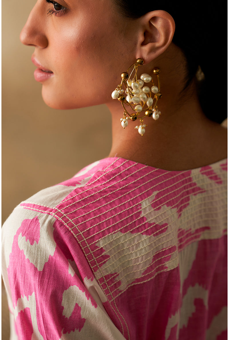 Pink And White Ikat Print Marigold Kurta Set