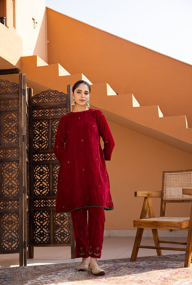 Red Hand Embroidered Crushed Velvet Ghazal Co-ord Set