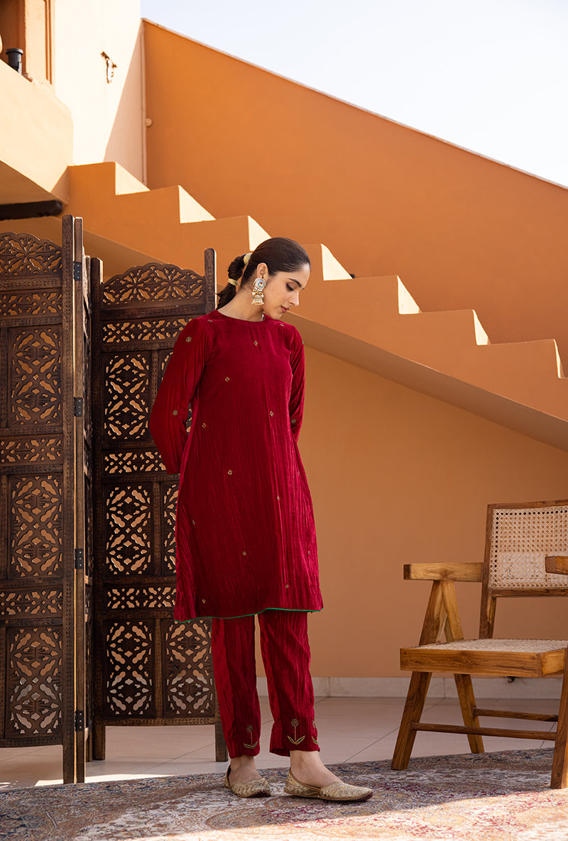 Red Hand Embroidered Crushed Velvet Ghazal Co-ord Set