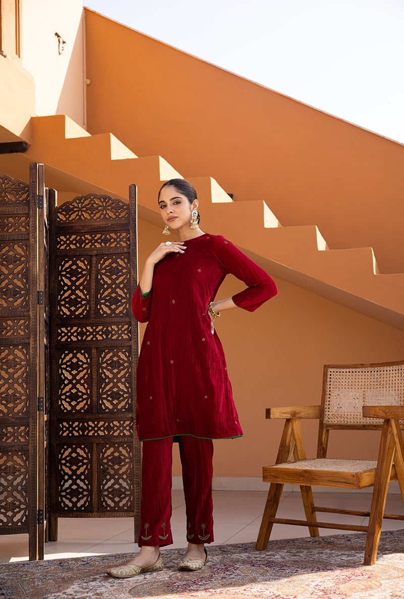 Red Hand Embroidered Crushed Velvet Ghazal Co-ord Set