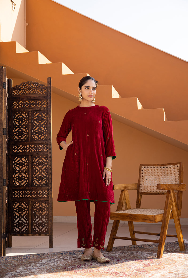 Red Hand Embroidered Crushed Velvet Ghazal Co-ord Set