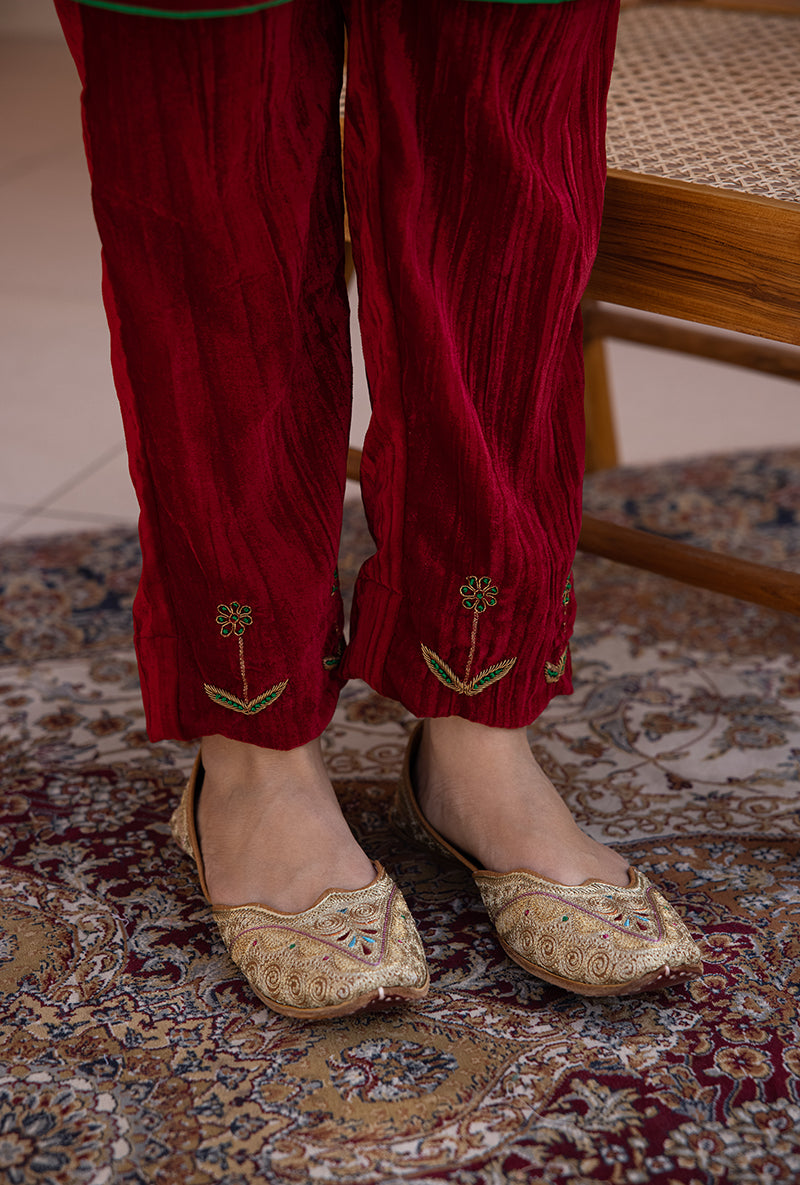 Red Hand Embroidered Crushed Velvet Ghazal Co-ord Set