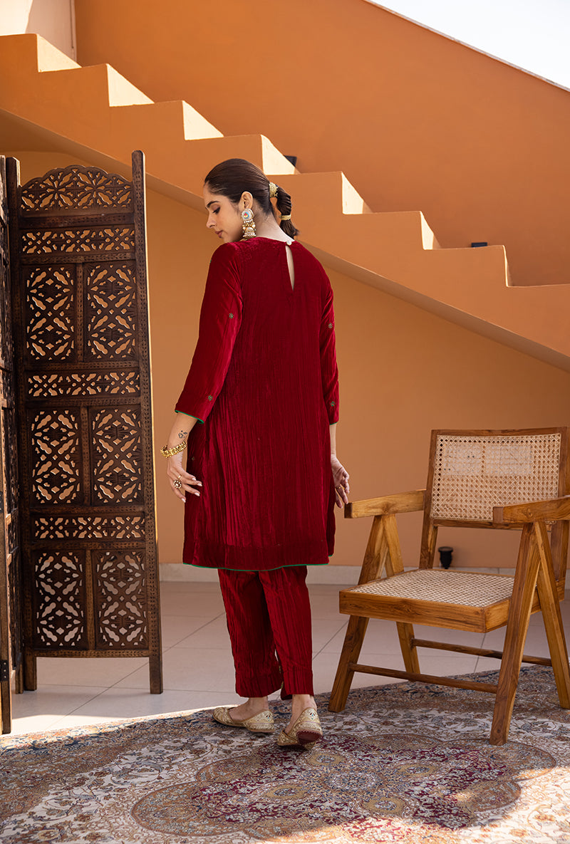 Red Hand Embroidered Crushed Velvet Ghazal Co-ord Set