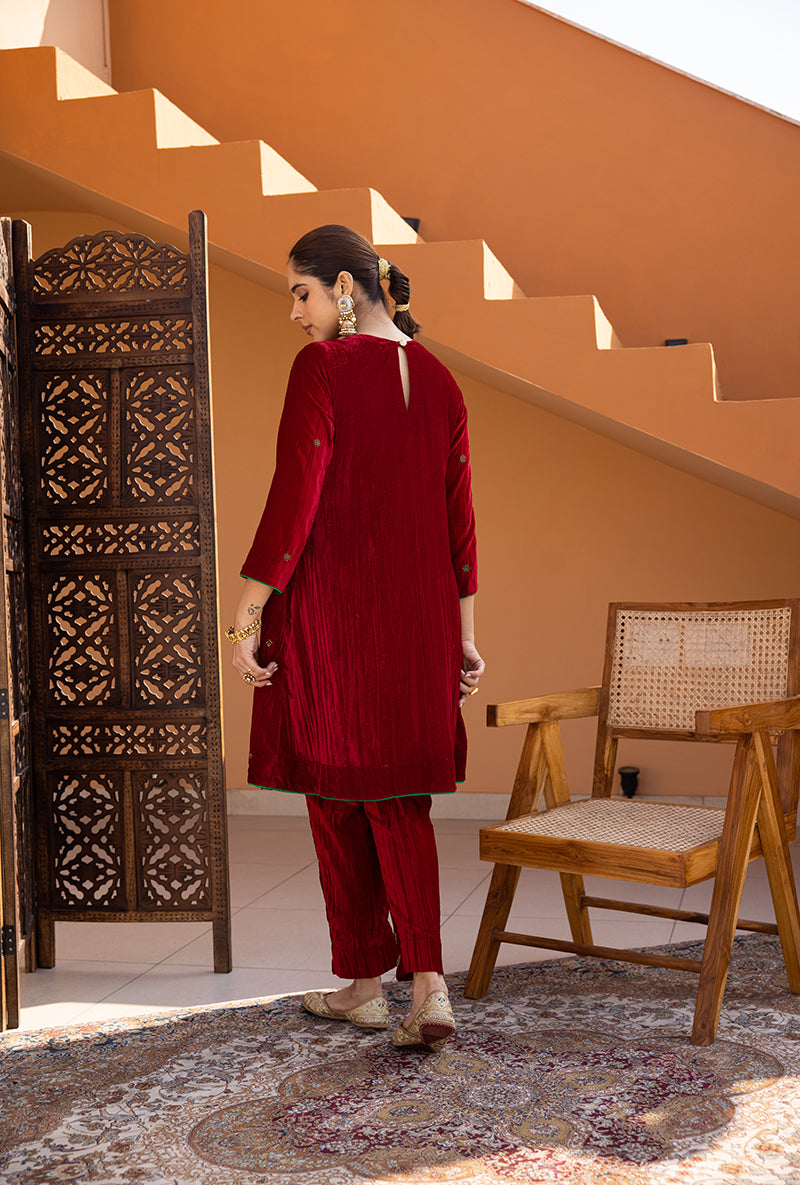 Red Hand Embroidered Crushed Velvet Ghazal Co-ord Set