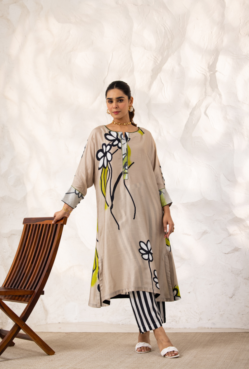 Beige Long Floral Ivy Kurta Set