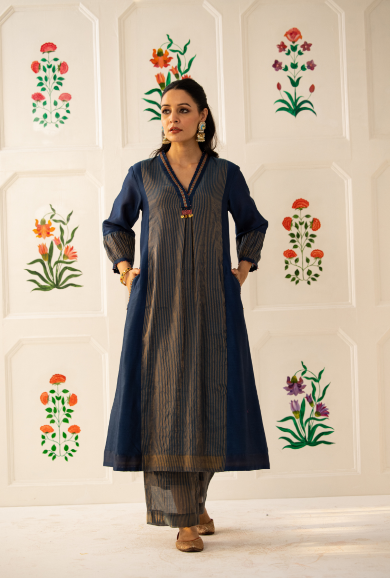 Blue High Collar Kishmish Kurta Set