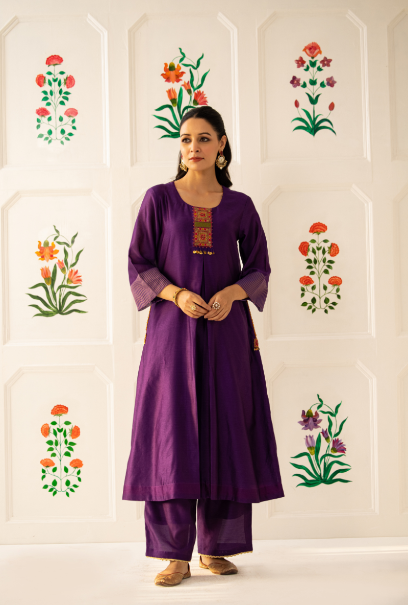 Purple Double Box Pleat Kishmish Kurta Set