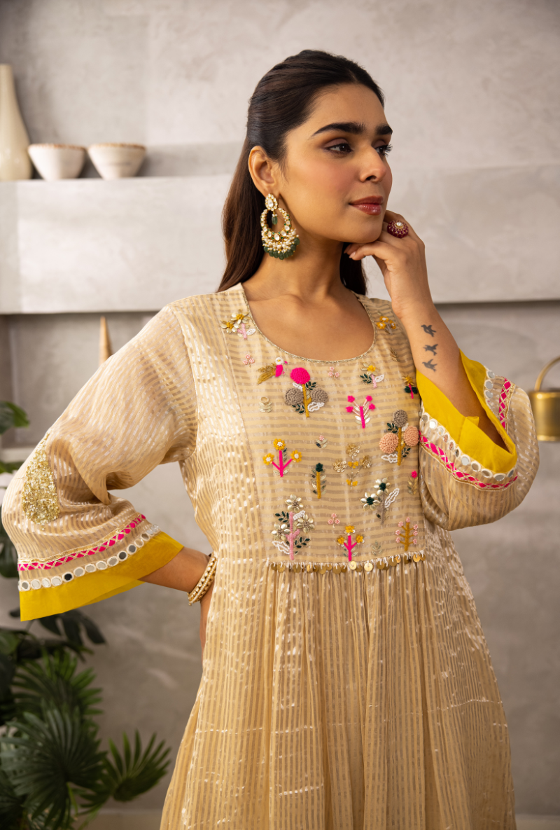 Ivory Reshamn Yoke Front Pleats Laado Kurta Set