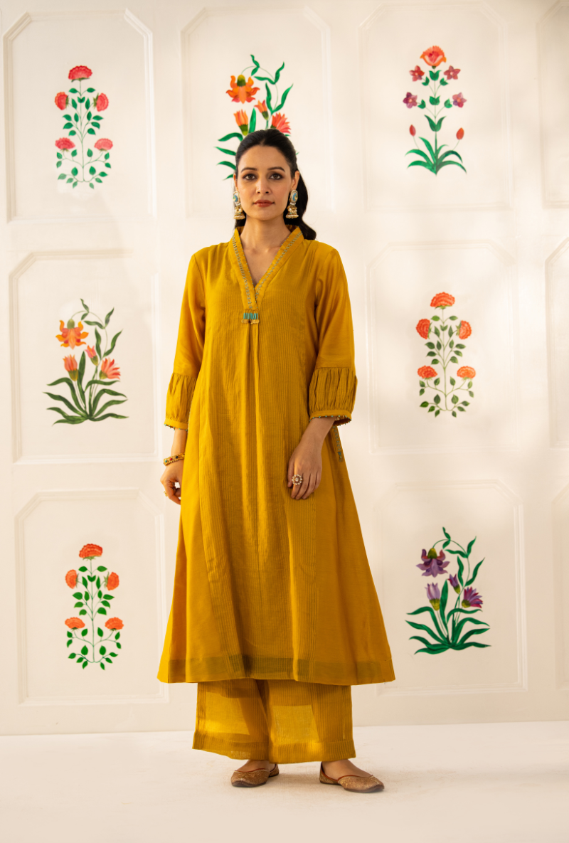 Yellow High Collar Kishmish Kurta Set