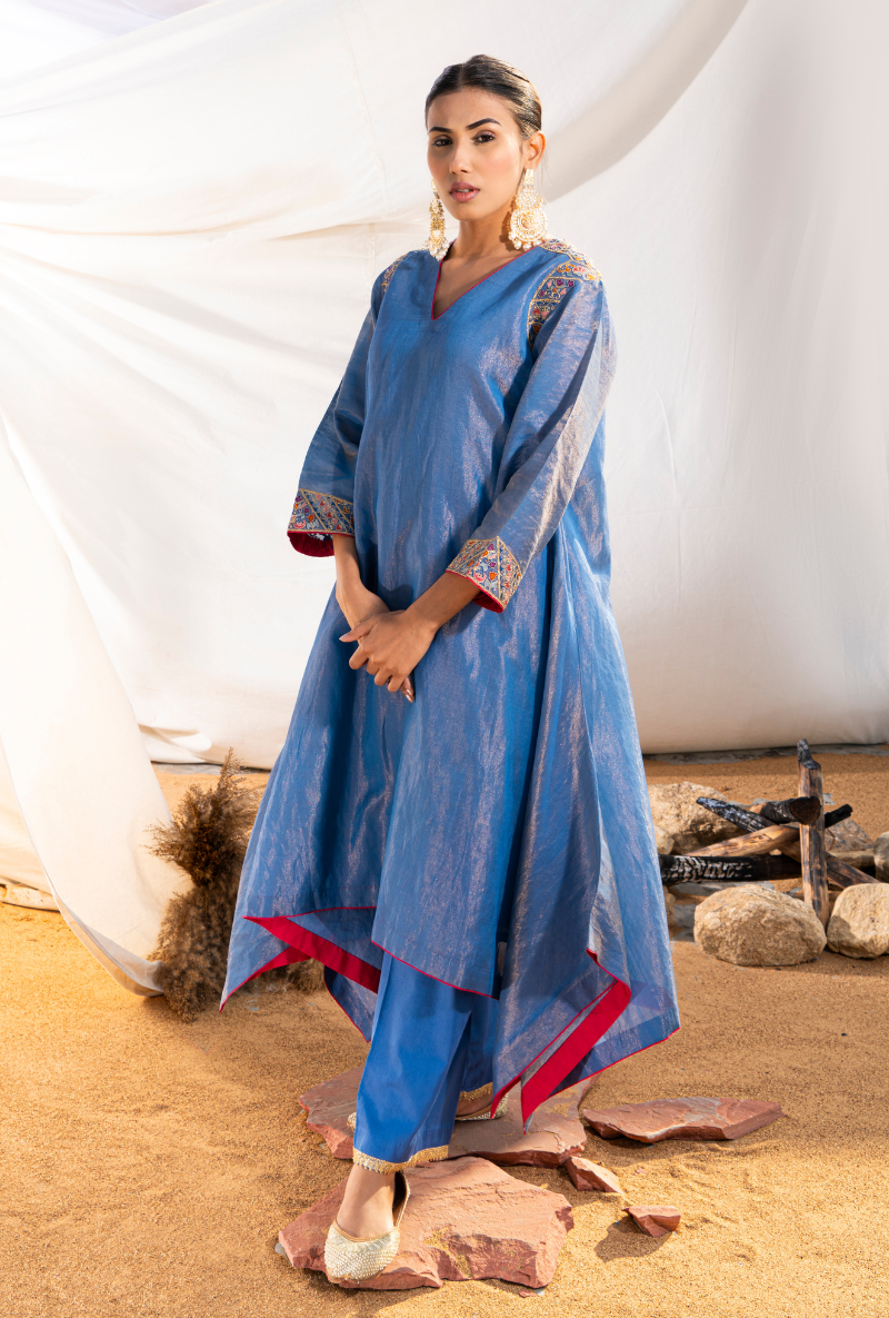 Blue Handloom Cotton Zari Tissue Embroidered Kiara Kurta Set