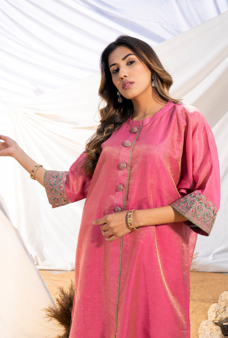 Pink Handloom Cotton Zari Tissue Embroidered Kiara Kurta Set