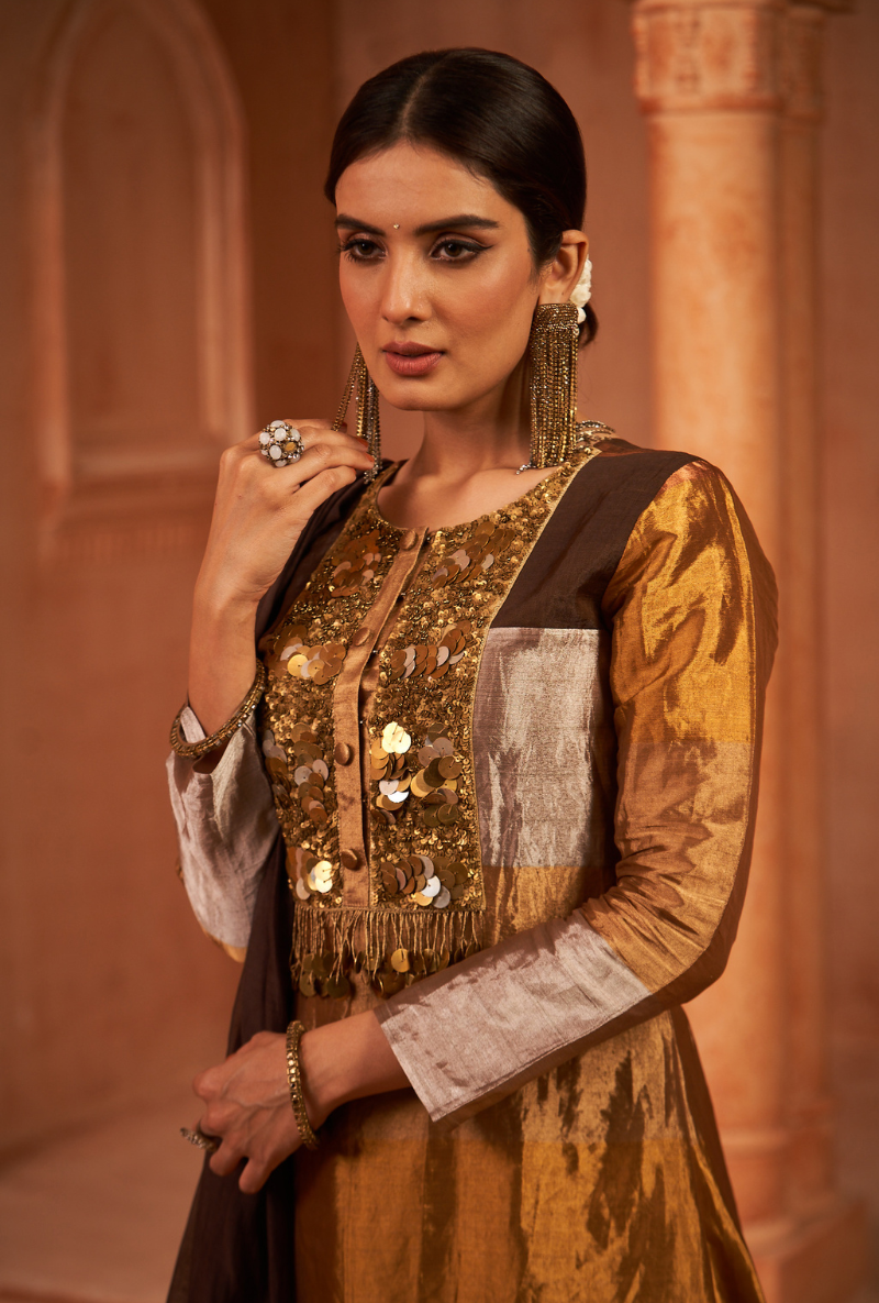 Brown Tissue Metallic Coin Work Kainaat Anarkali Set