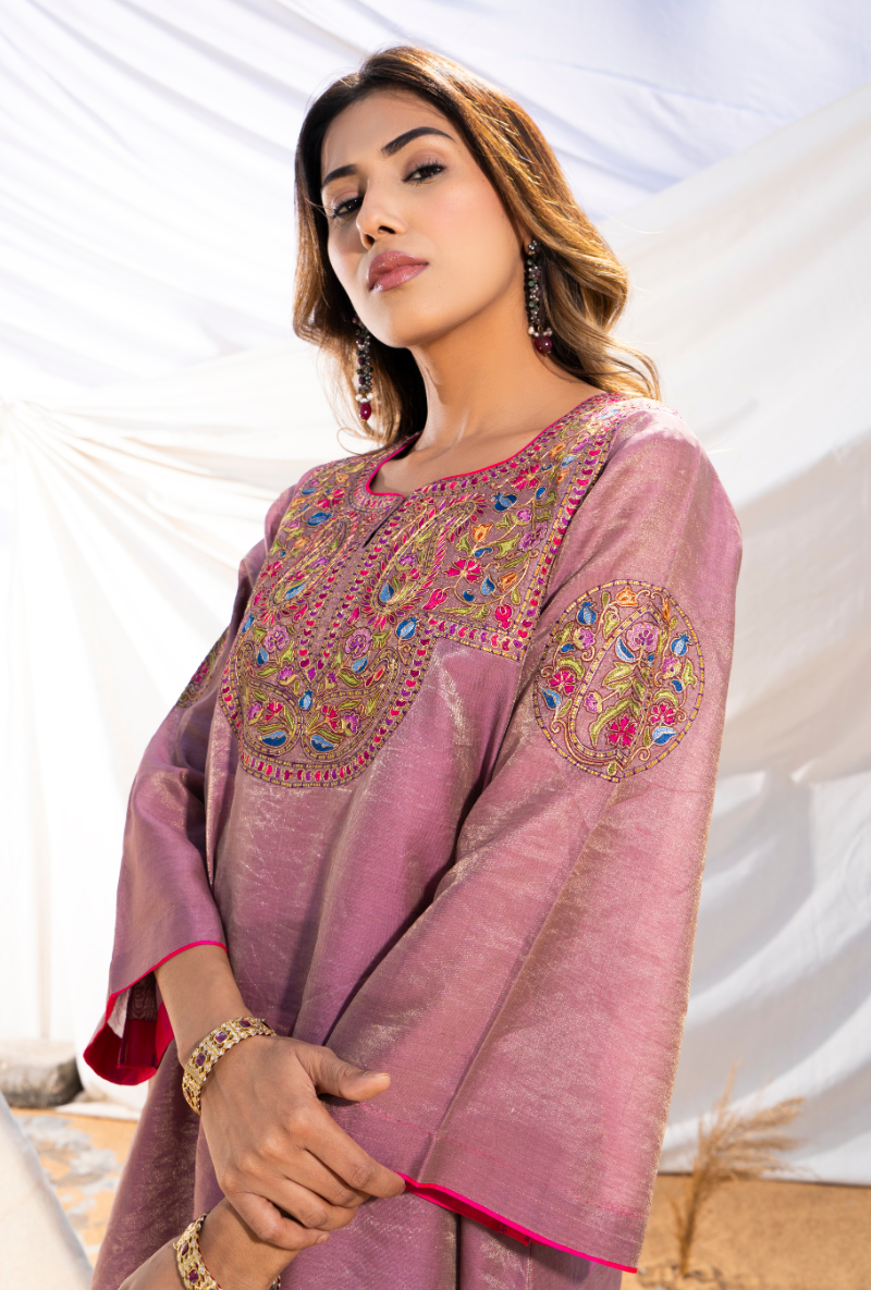 Mauve Handloom Cotton Zari Tissue Embroidered Kiara Kurta Set