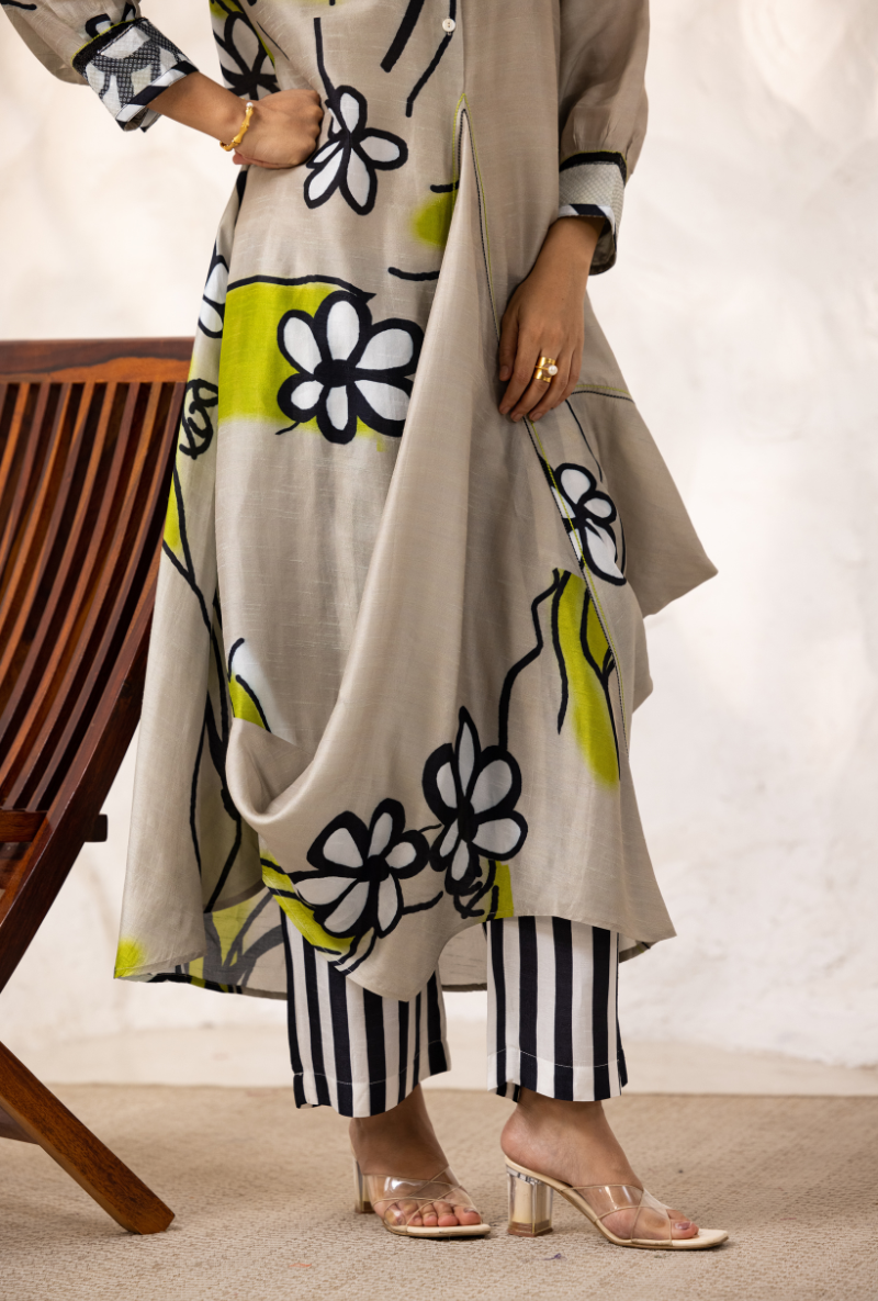 Beige Printed Cowl Ivy Kurta Set