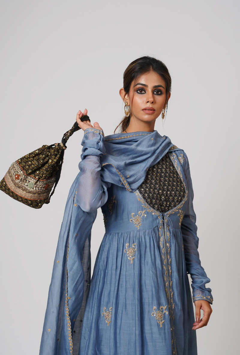 Vintage Indigo Ruching Chhaya Kurta Set