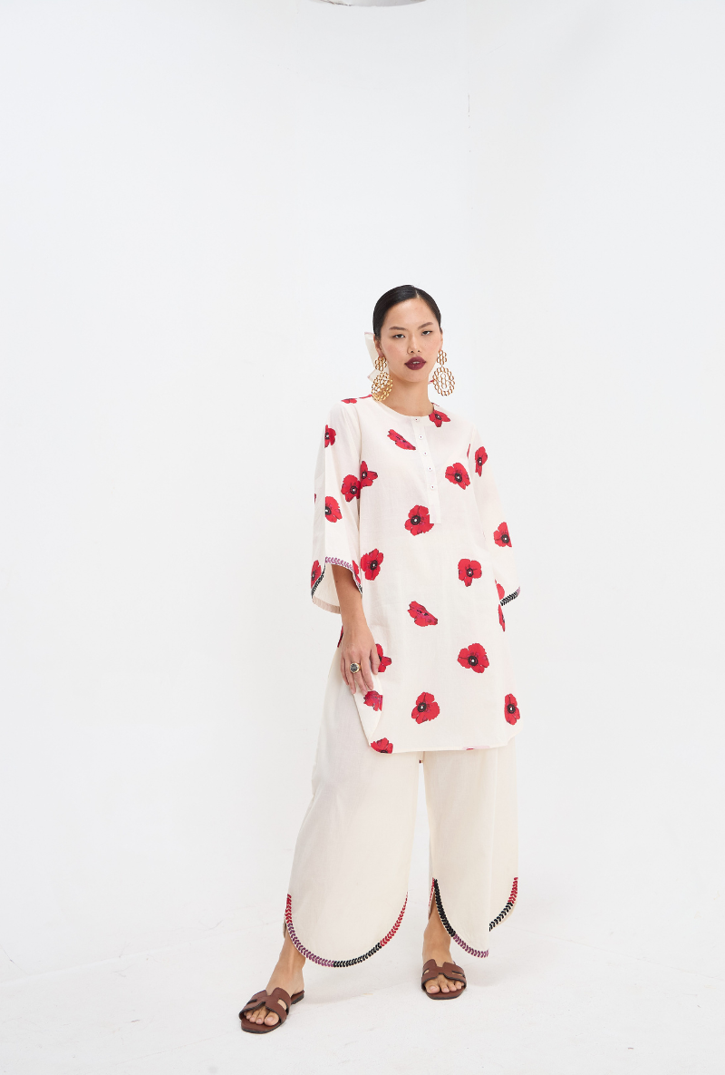 White Poppy Print Love Letters Kurta Set