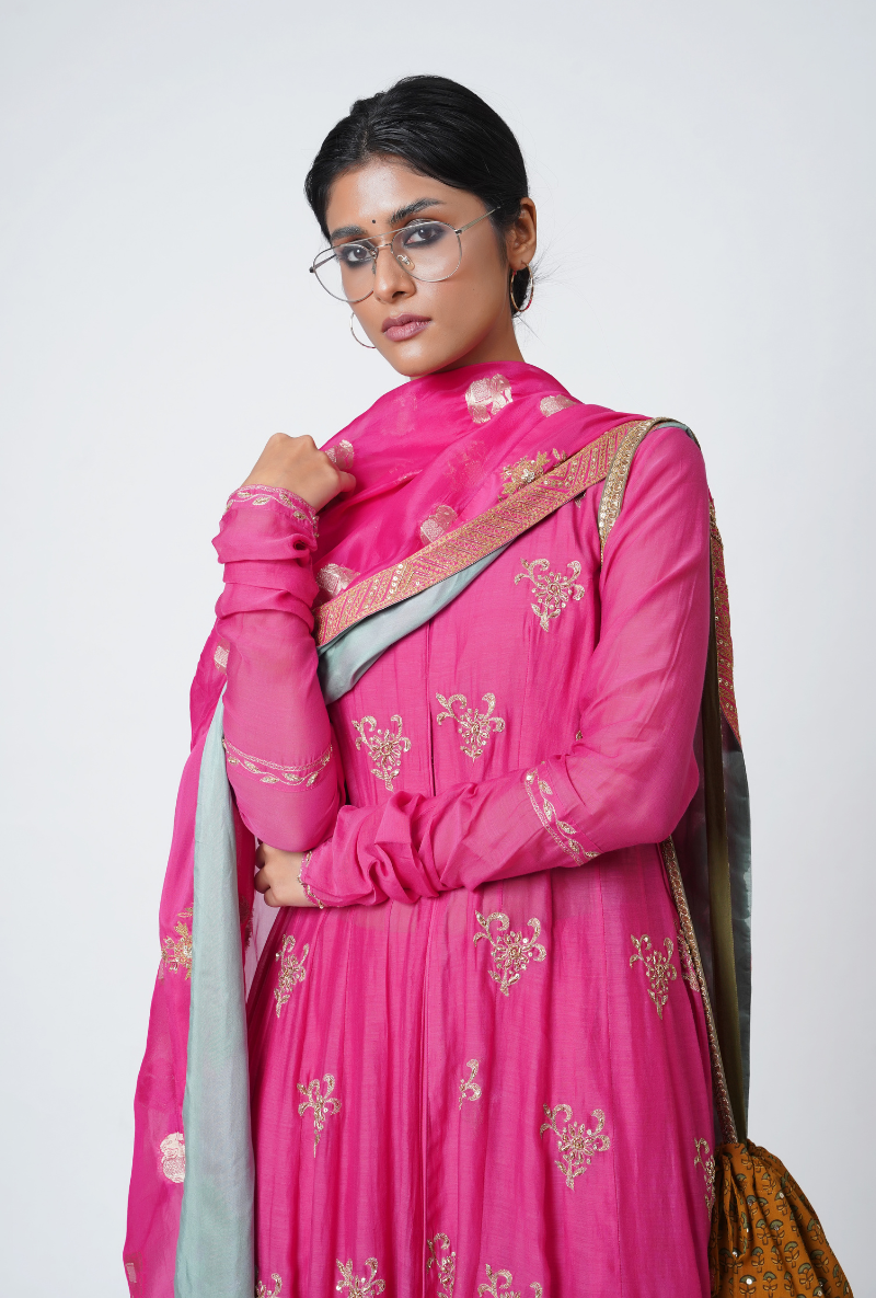 Raspberry Kalidar Front Slit Chhaya Kurta Set